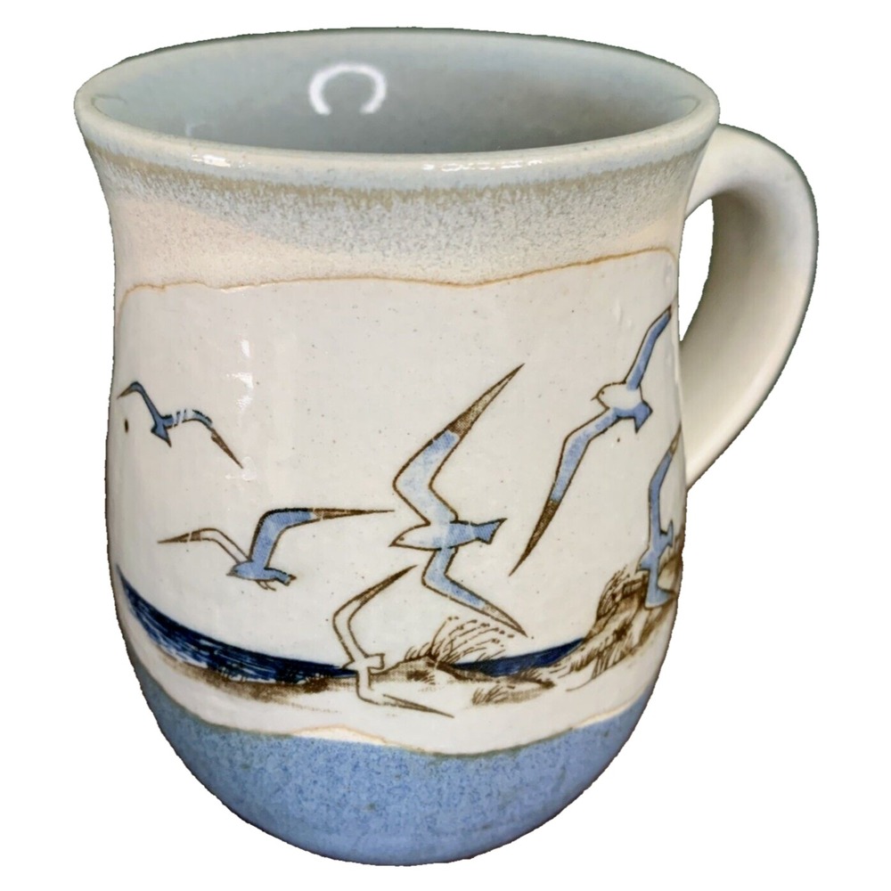 Vtg Art Pottery Flying Sea Gulls Sandy Beach Coffee Mug Stoneware Blue Tan 10 oz